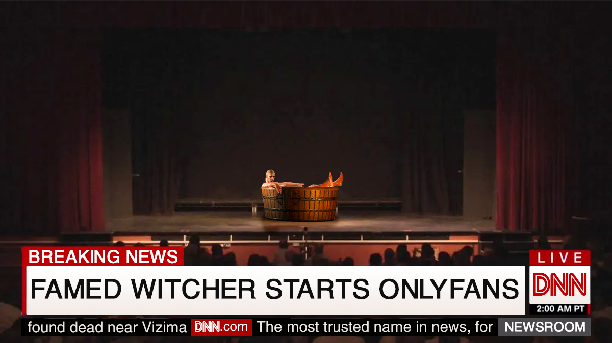 CNN's pre-2024 layout covering the opening scene of the Witcher 3 where Geralt is in the tub. Caption: 'Famed Witcher Starts OnlyFans'